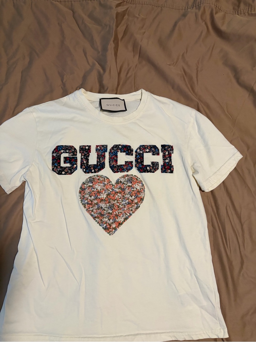 Gucci Cream Floral Logo Tee with Heart Patch